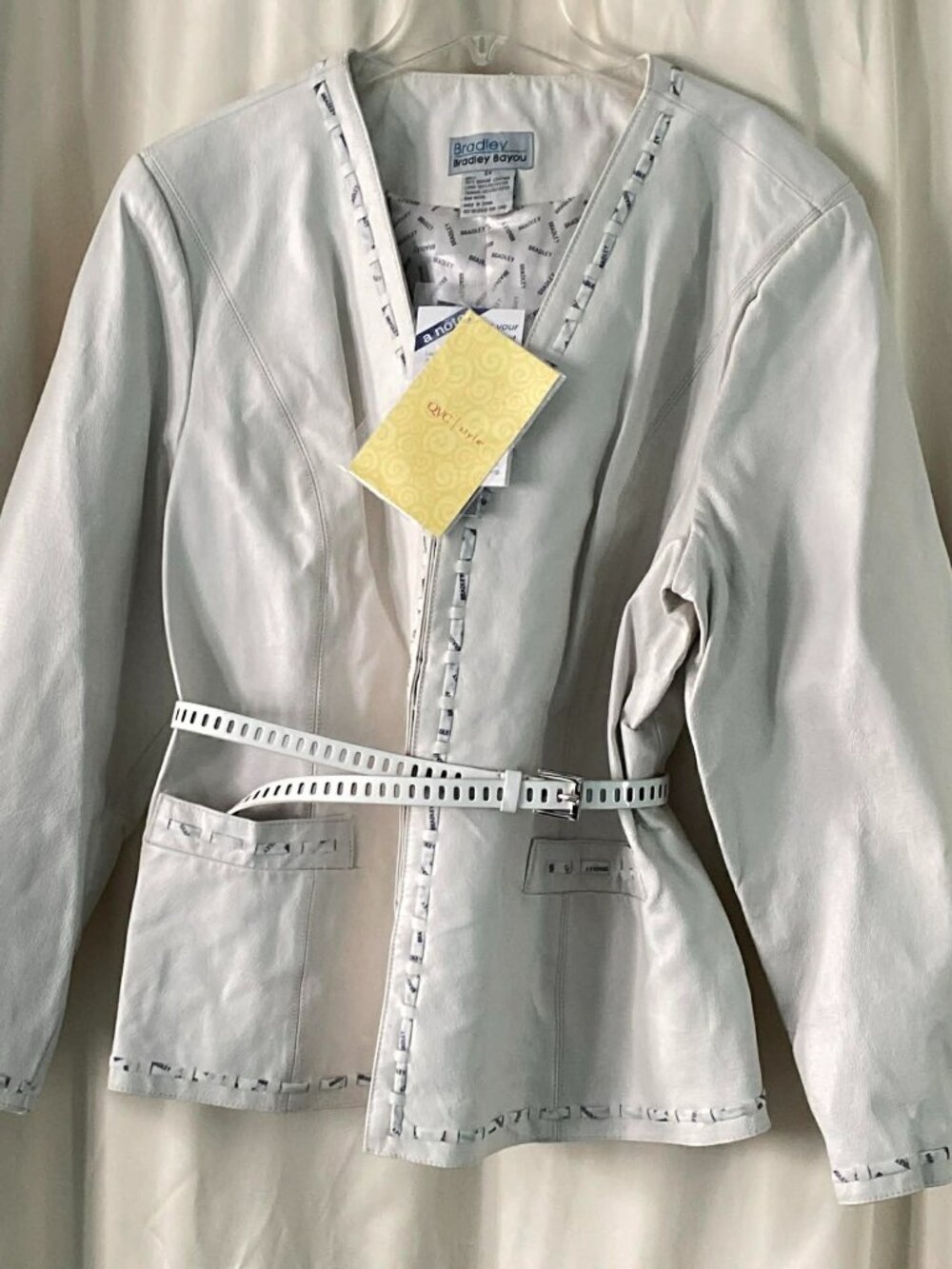 Bradley Bayou QVC White Genuine Leather Jacket Peplum Belted 2X NWT